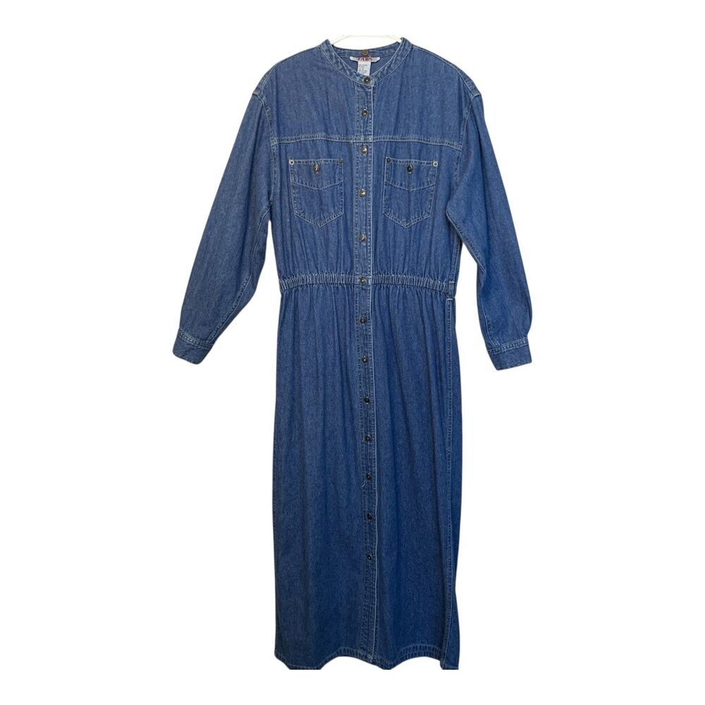 Vintage 90s Denim Dress SZ 10 Women’s FADS Chambray Blue Long Midi Top Pockets